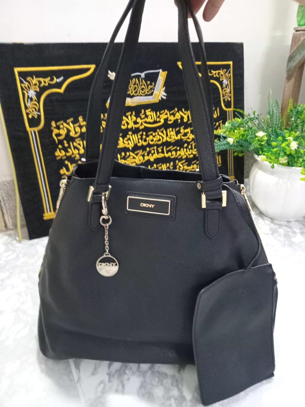 DKNY Black Tote with Pouch and Charm - real photo