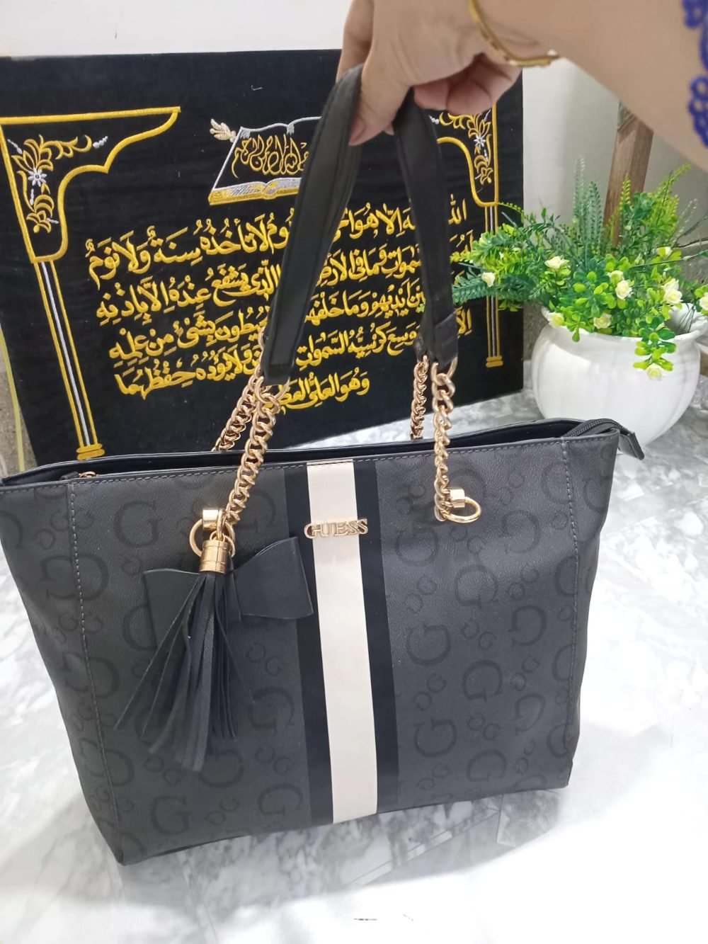 Logo-Print Tote with Tassel and Chain Handles - real photo