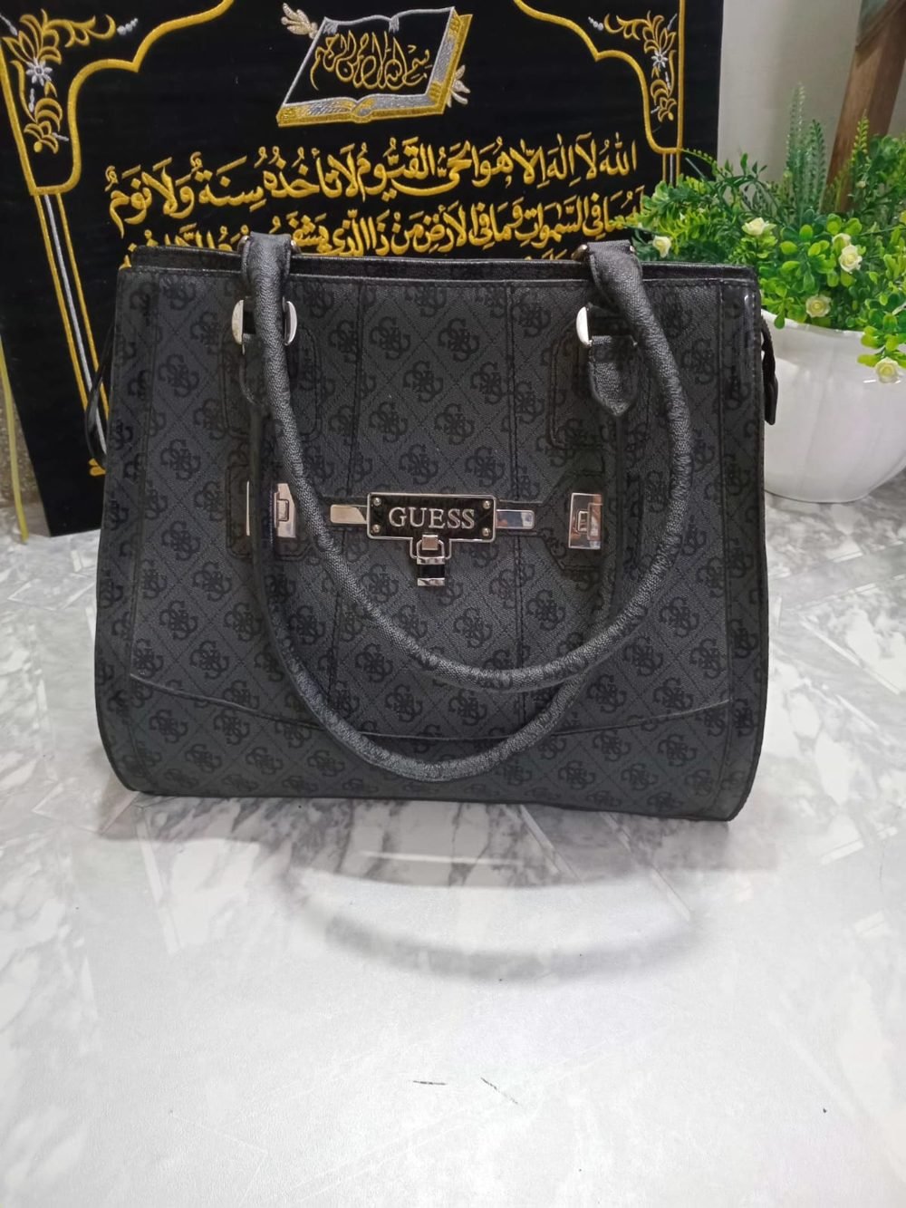 Guess Logo Satchel in Charcoal - real photo