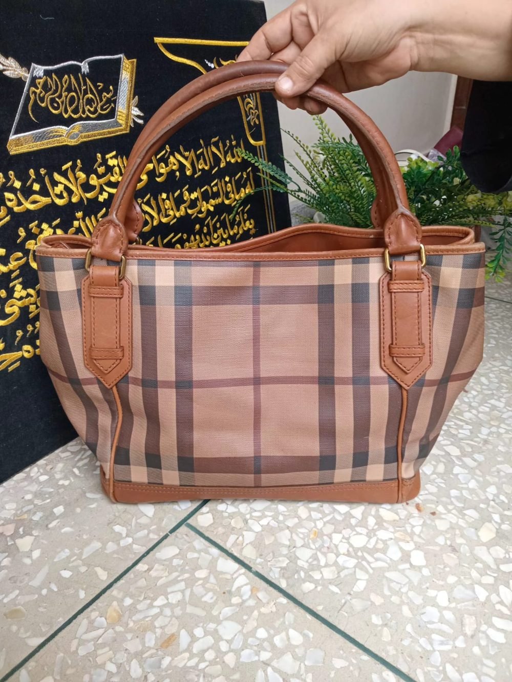 Plaid Check Tote with Tan Leather Handles - real photo