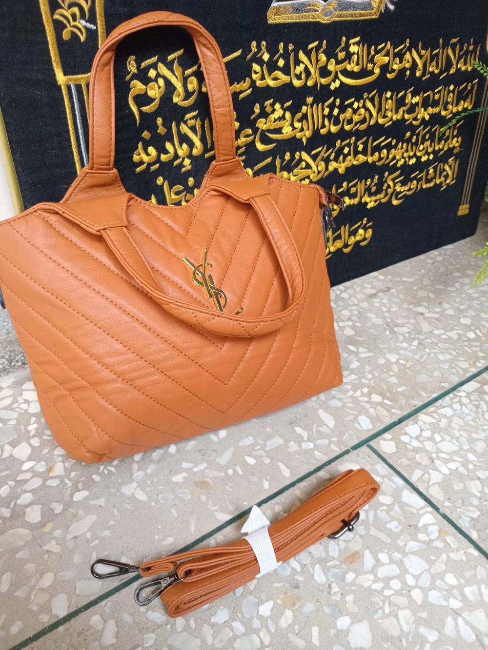 Orange Quilted Satchel with Detachable Strap - real photo