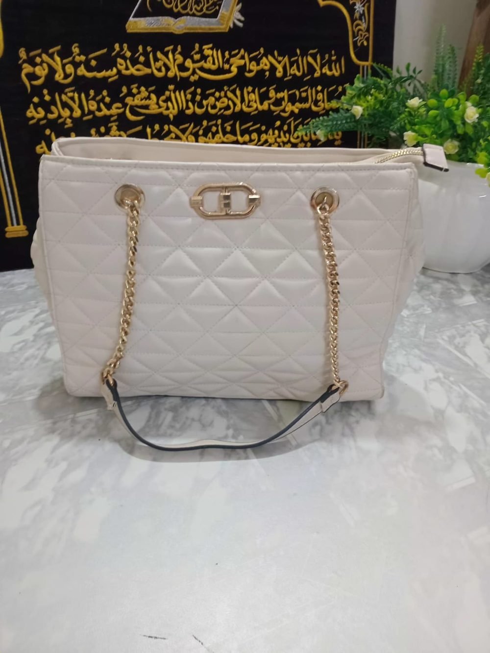 Cream Quilted Chain-Strap Shoulder Bag - real photo