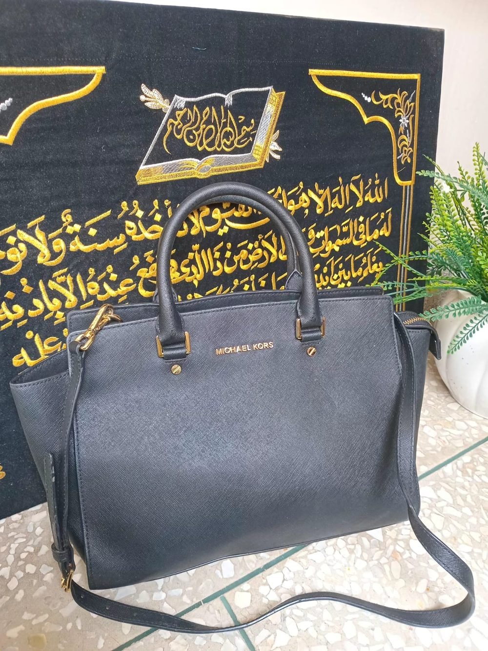 Michael Kors Saffiano Satchel in Navy - real photo