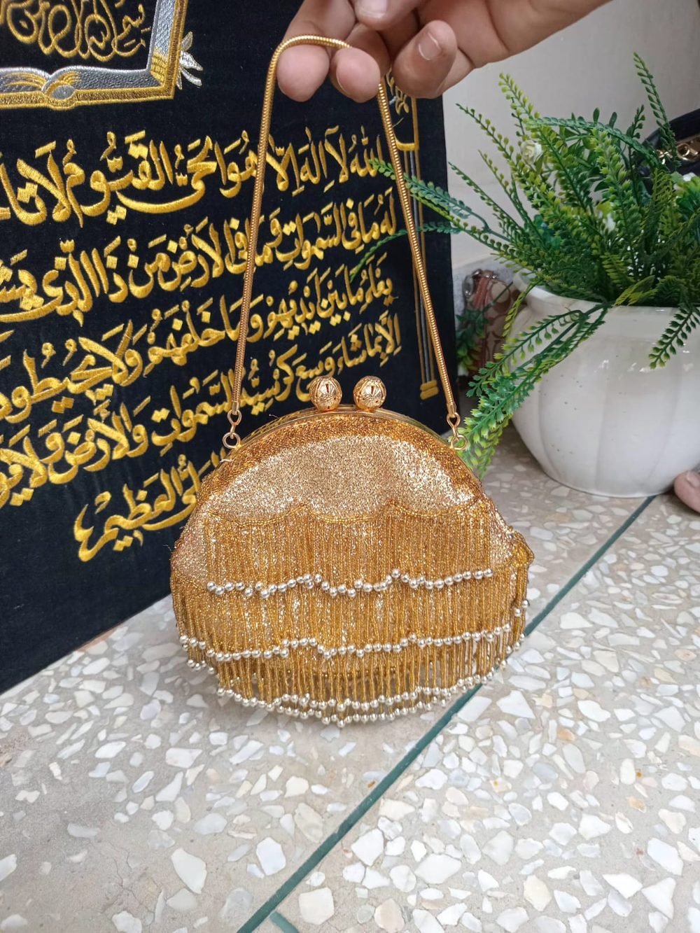 Gold Beaded Evening Clutch with Pearl Fringe - real photo