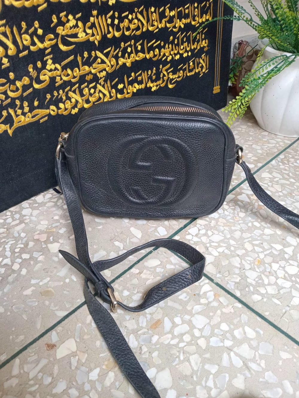 Navy Leather Camera Crossbody with Disc Emblem - real photo