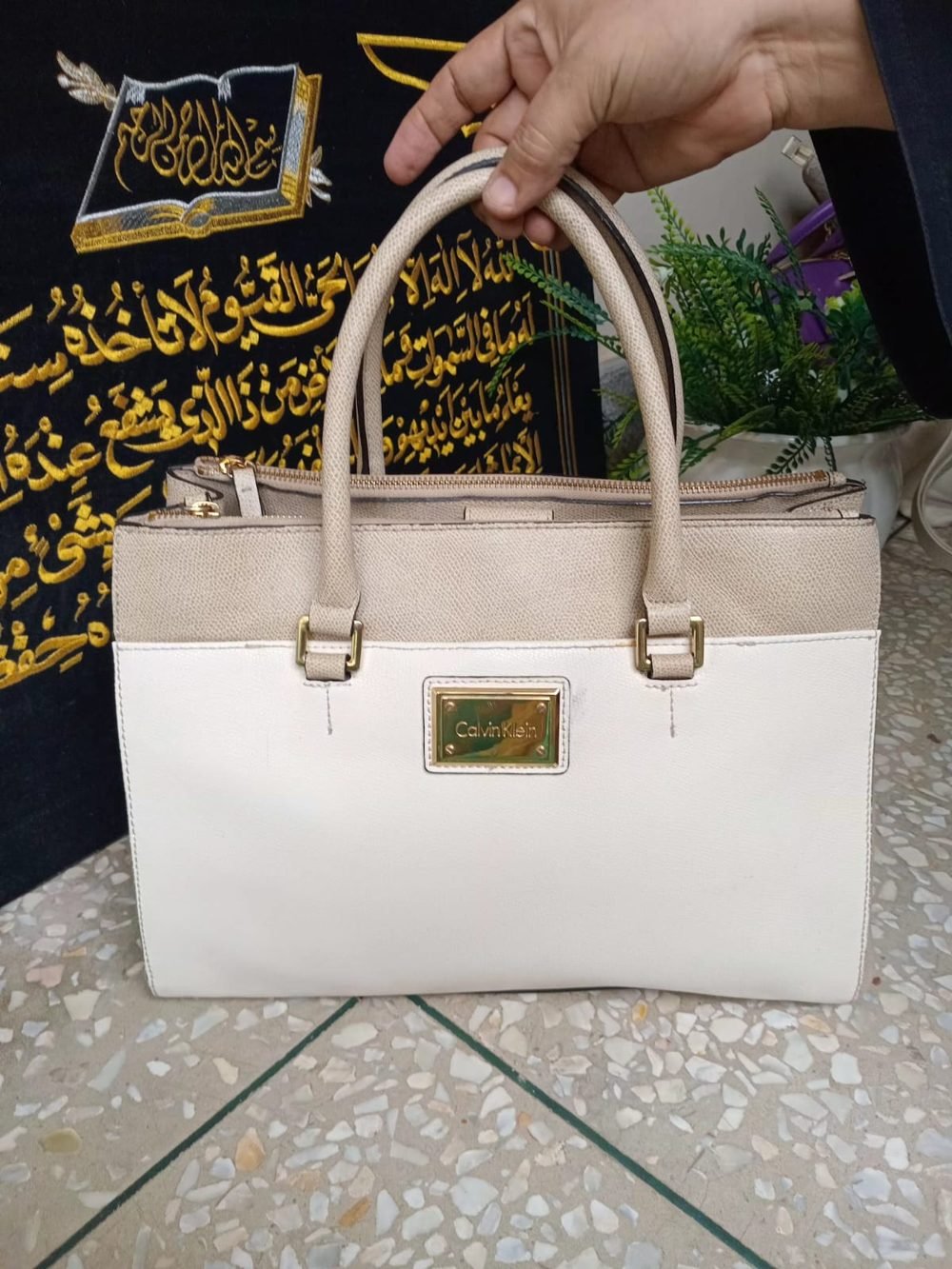Calvin Klein Two-Tone Tote in Cream - real photo