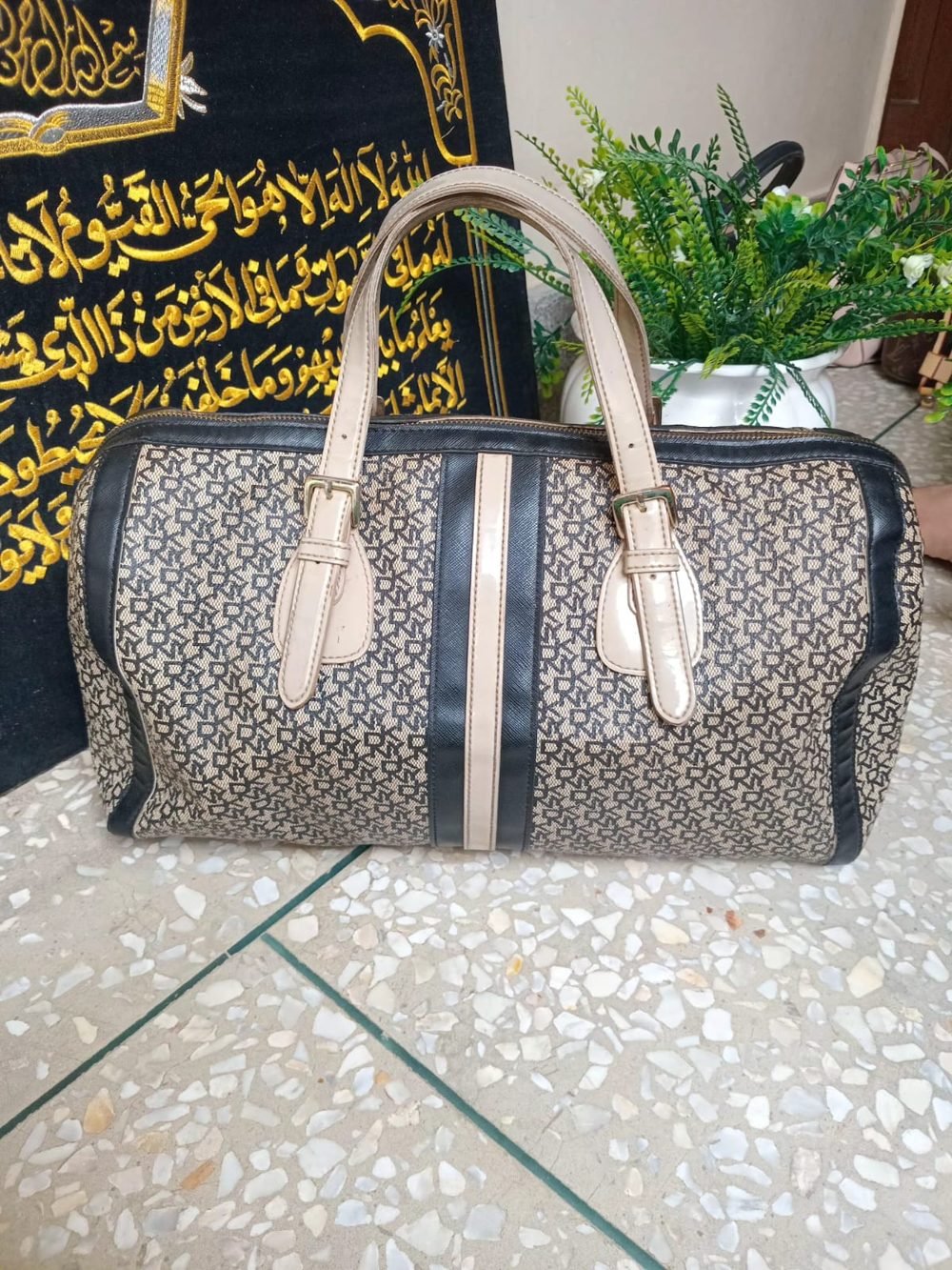 DKNY Monogram Duffle in Navy and Cream - real photo