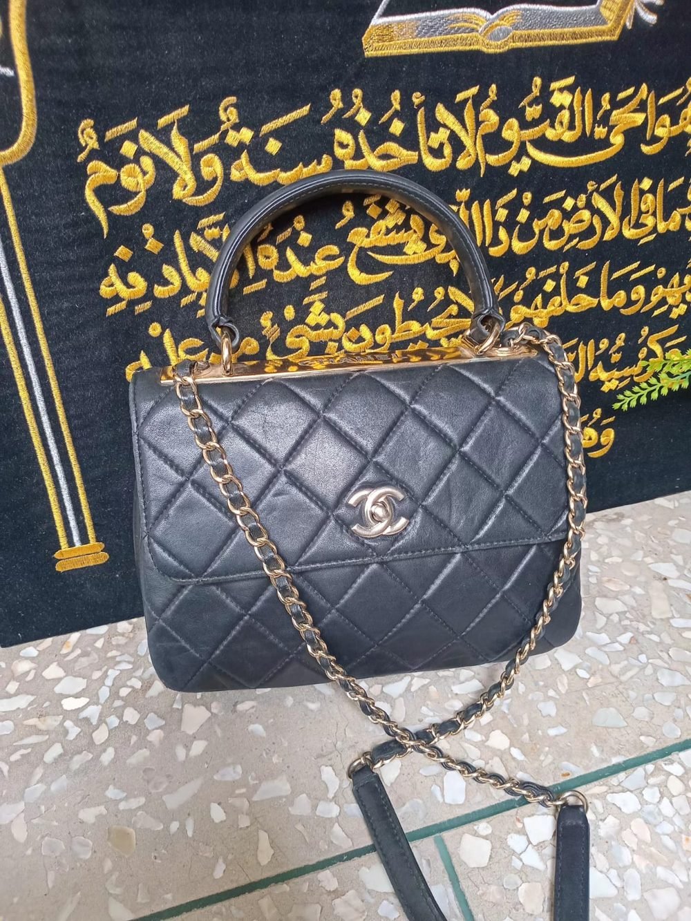 Navy Quilted Top-Handle Flap with Chain Strap - real photo