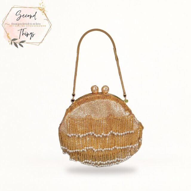 Gold Beaded Evening Clutch with Pearl Fringe