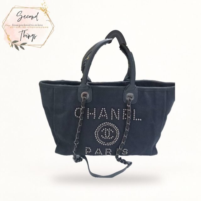 Pearl-Lettered Canvas Tote in Navy
