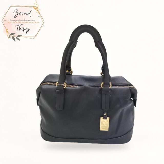 Black Leather Duffle Satchel with Gold Tag