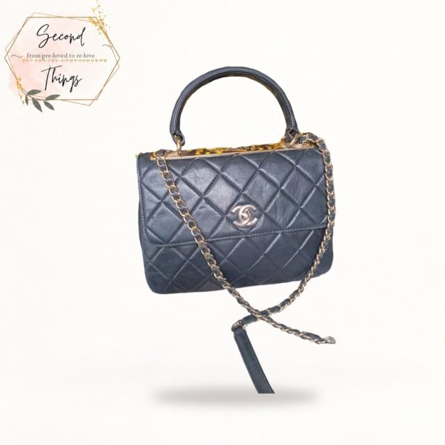 Navy Quilted Top-Handle Flap with Chain Strap